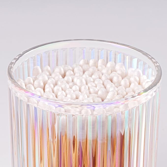 2 Pack Qtip Holder - Apothecary Jars with Lids, Bathroom Organizers and Storage Canister for Cotton Balls,Swabs,Floss Picks,Hair Ties,Clear Glass Vintage Bathroom Decor Jar Set (Iridescent)