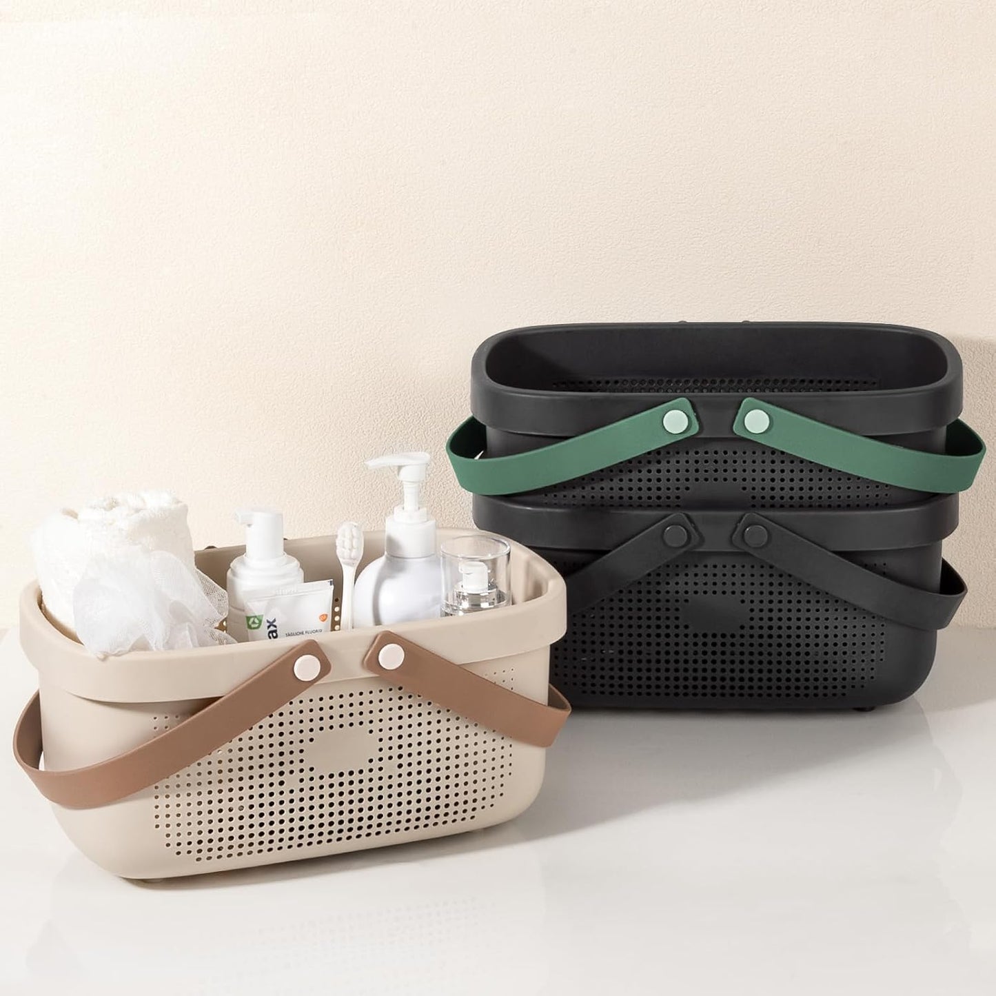 JiatuA Plastic Storage Basket with Handle Portable Shower Caddy Tote Organizer Basket Bin for Bathroom Kitchen Dorm Room Bedroom, Beige