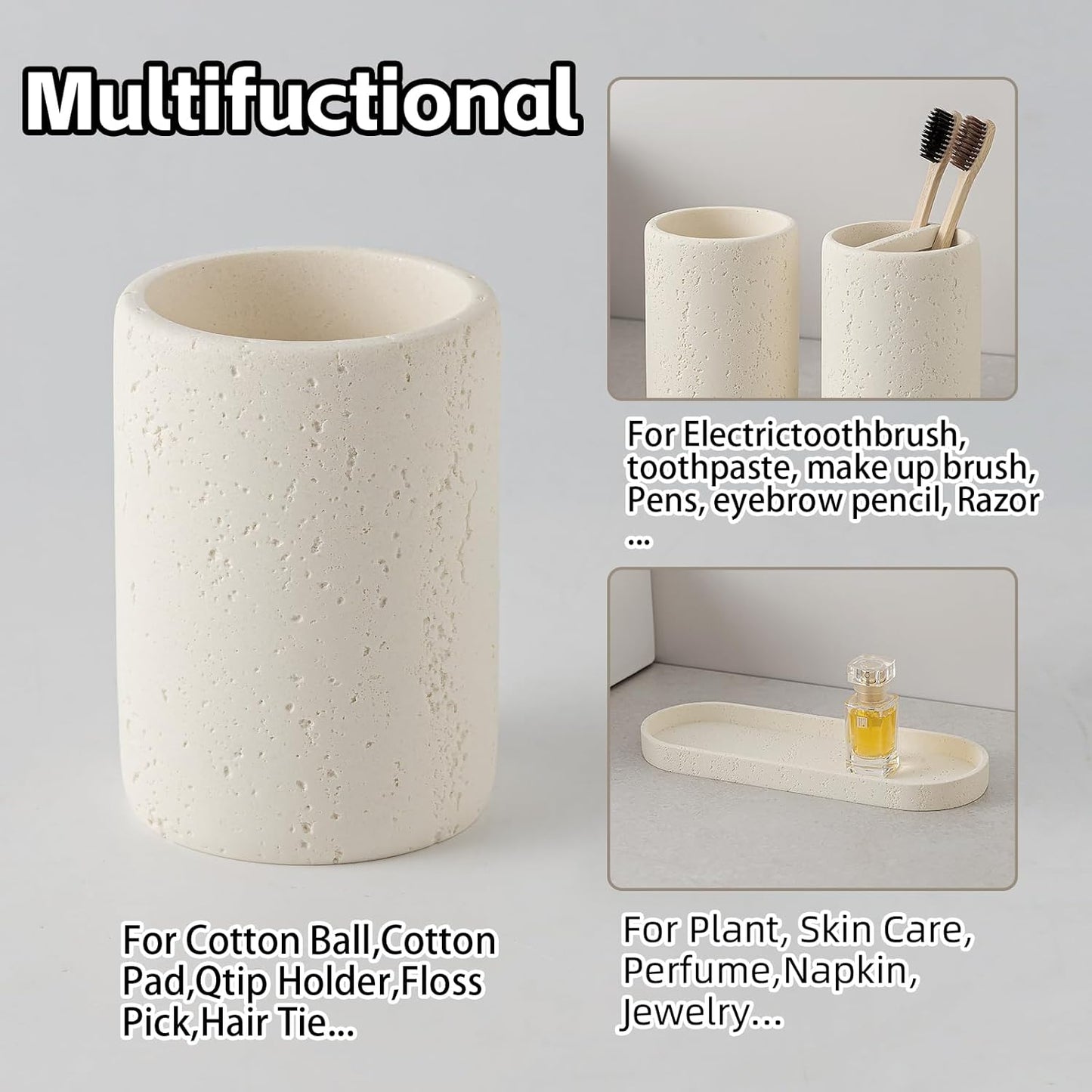 Bathroom Accessories Set, 4 Piece Travertine Stone Look Collection, Modern Bath Organizer with Soap Dispenser, Toothbrush Holder, Tumbler, Vanity Tray for Countertop Kitchen Sink (Off White)
