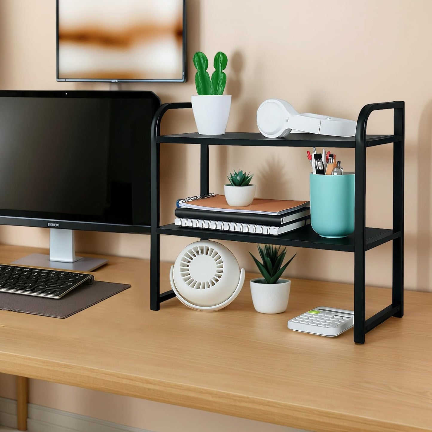 Desktop Shelf Organizer, 2-Tier Office Desk Shelf for Top of Desk, Wood & Metal Bookshelf Supplies Storage Rack (Black)