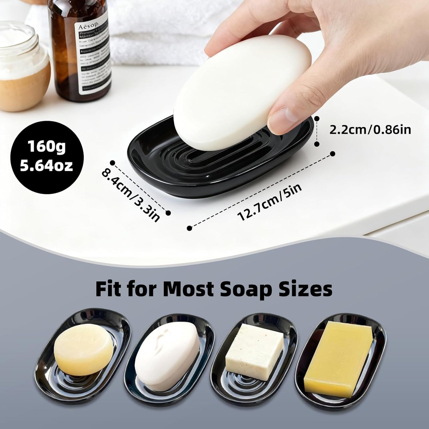 Ceramic Soap Dish for Bath Sink- Modern Black Bar Soap Holder for Shower - Easy to Clean Multi-Purpose Oval Soap Dishes for Soap Bar, Sponges, Jewelry, Small Items | Fits Bathroom & Kitchen