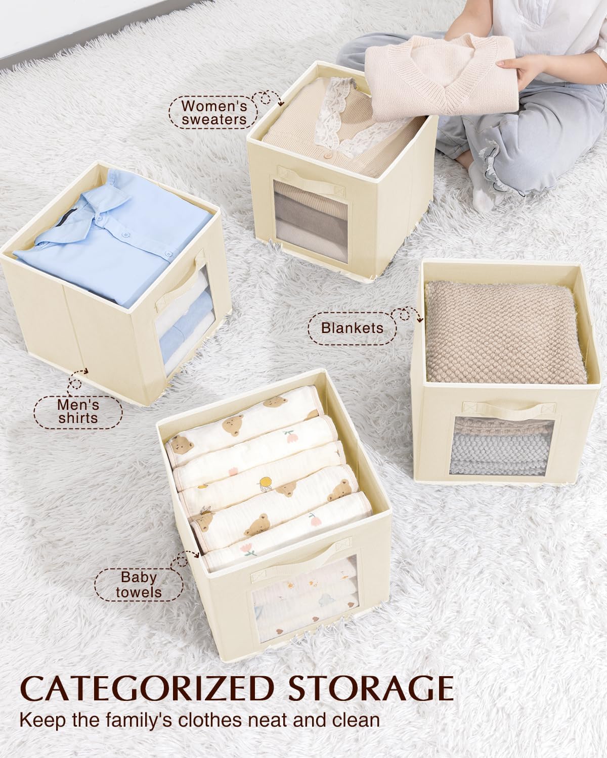 Foldable Storage Cubes - Cubby Storage Organizer with Window, Decorative Baskets for Organizing, 11 Inch Fabric Cube Shelf Bins, Set of 10, Beige