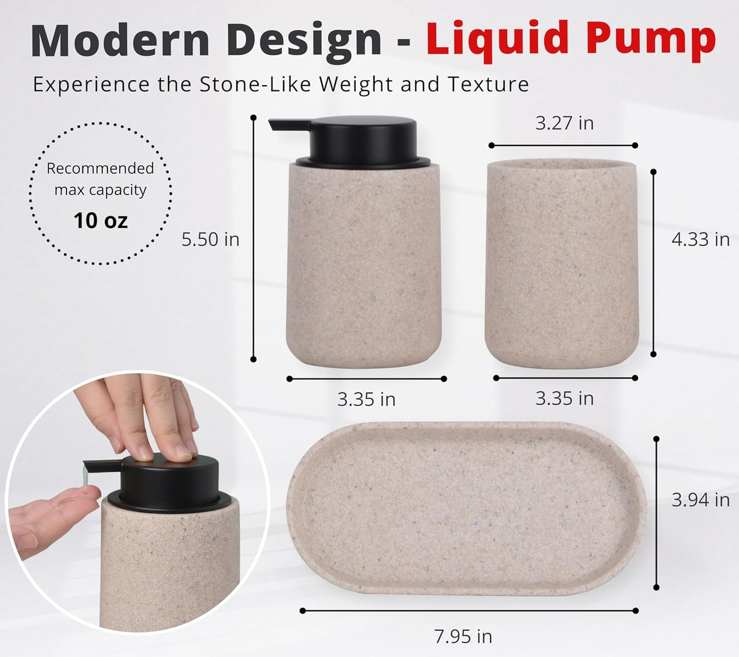 Beige Bathroom Accessories Set, 3 Pcs Resin Bathroom Accessories Complete Set, Sandstone Look Soap Dispenser with Large Pump, Toothbrush Cup, Soap Dish for Modern Home Decor and Kitchen