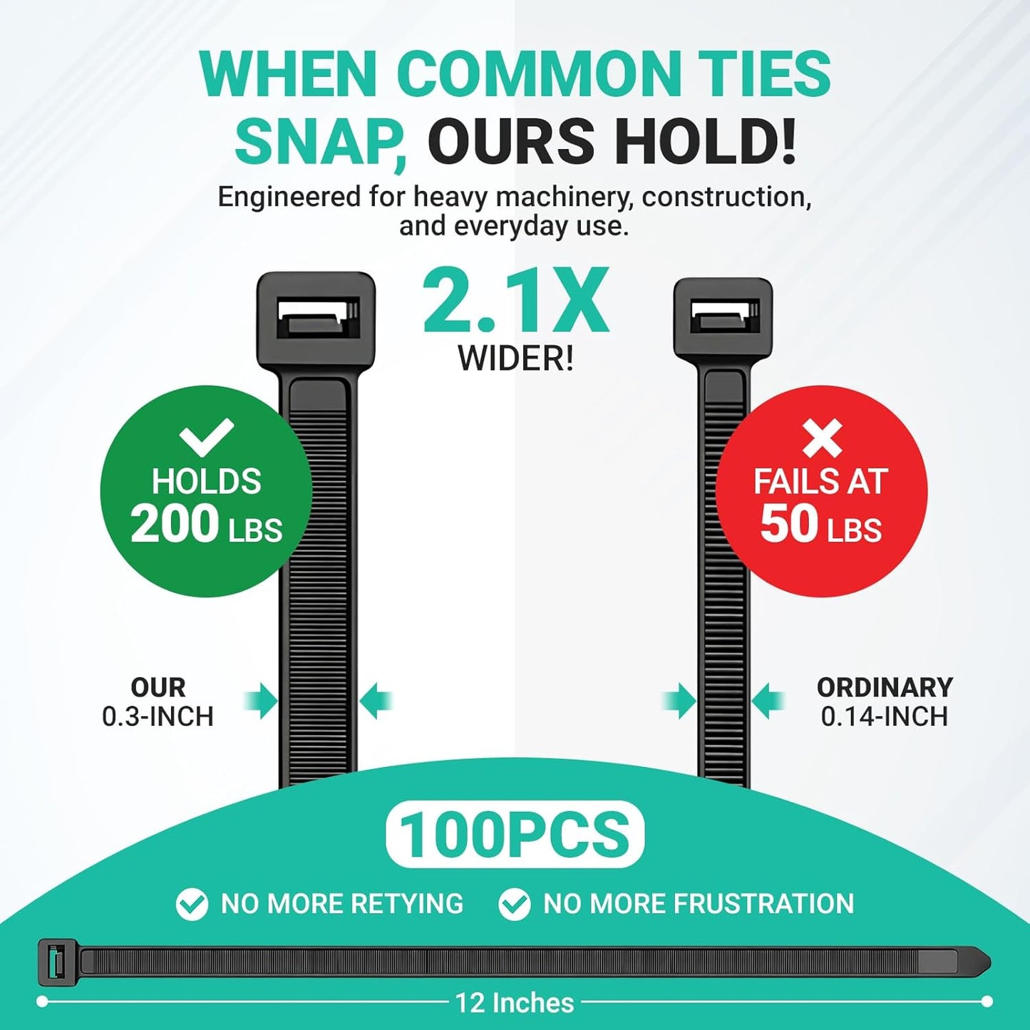 Heavy Duty Zip Ties 12 Inch, Zomilla Cable Ties With 200 LBS Tensile Strength, 100 PCS Zip Ties For Outdoor & Indoor Use, Extra Strong Self-Locking Zipties, UV Resistant Nylon Cable Tie - Black