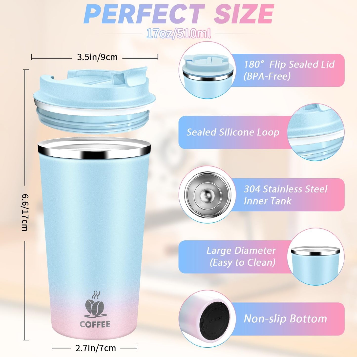 Insulated Travel Coffee Mug Reusable Coffee Tumbler Cup with Flip Lid Leak Proof Spill Proof for Office School Party Camping Hot and Cold Drink,Stainless Steel 17oz (Light Blue)
