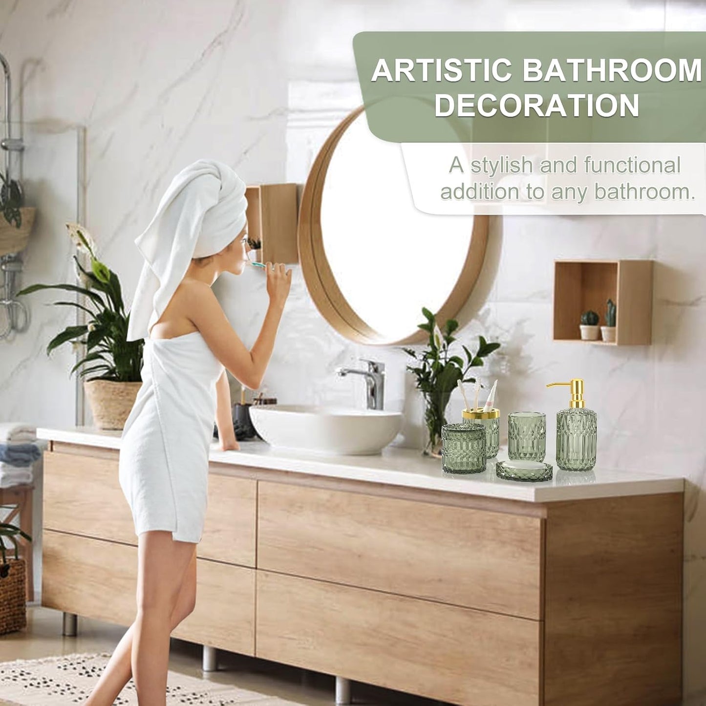 Green Bathroom Accessories Set, 5Pcs Clear Glass Green Accessories with Lotion Soap Dispenser, Soap Dish, Toothbrush Holder, Tumbler, Cotton Swab Jar, Modern Bathroom Decor Crystal Vintage Gift