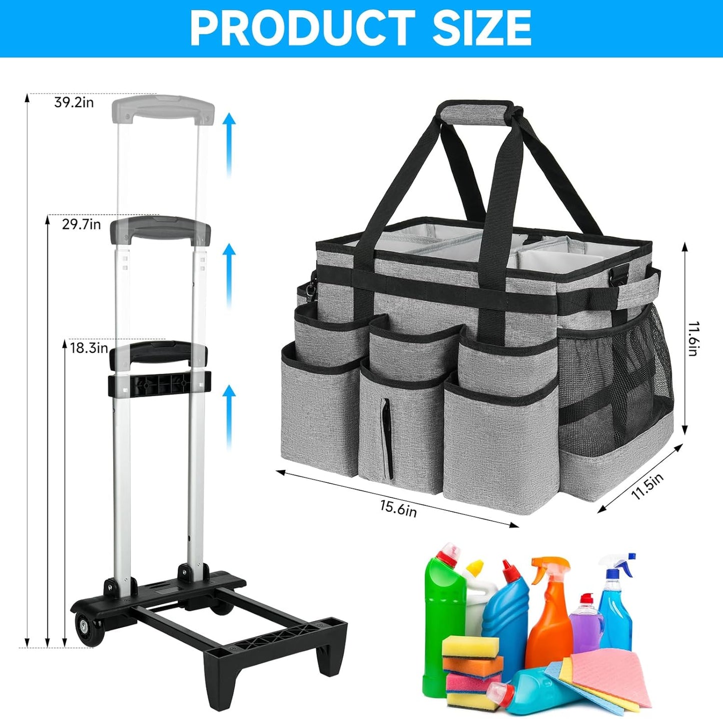 Large Rolling Cleaning Caddy Bag with Detachable Trolley,Cleaning Cart on Wheels with Shoulder Strap,Cleaning Supplies Organizer for Housekeepers,Gray