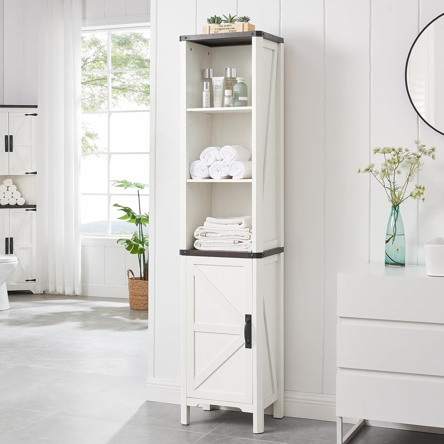 Bathroom Storage Cabinet, 5-Shelf Farmhouse Storage Cabinet with Barn Door&Adjustable Shelves, Bathroom Organizer for Living Room, Kitchen (Antique White)