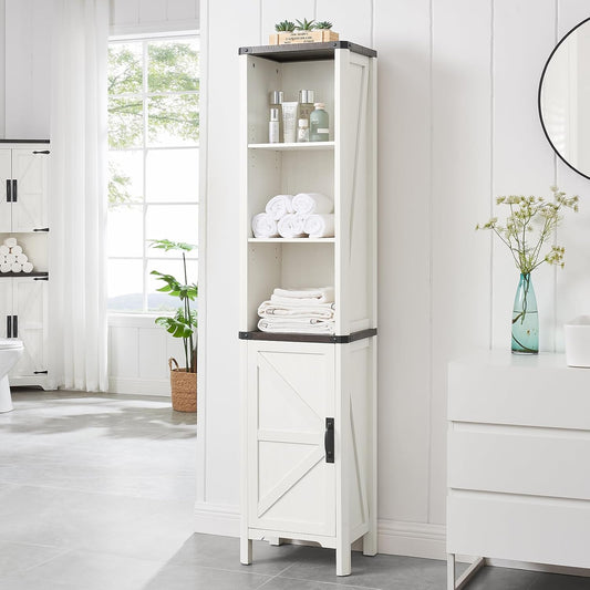 Bathroom Storage Cabinet, 5-Shelf Farmhouse Storage Cabinet with Barn Door&Adjustable Shelves, Bathroom Organizer for Living Room, Kitchen (Antique White)