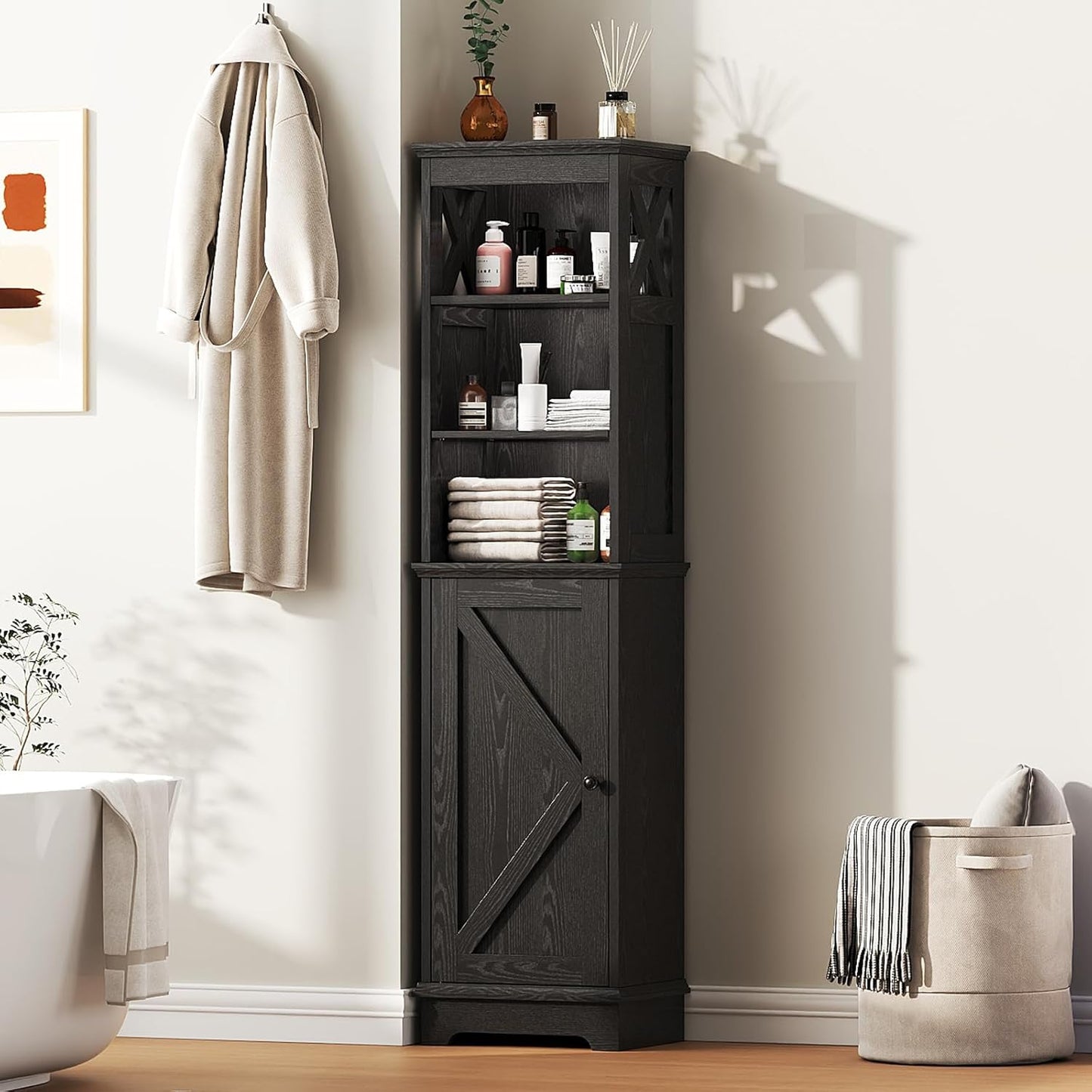 Farmhouse 60.9" H Tall Narrow Storage Cabinet with Door and Open Adjustable Shelves, Freestanding Organizer for Bathroom, Kitchen, Entryway, Wooden Tower Corner Cabinet, Black