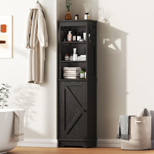 Farmhouse 60.9" H Tall Narrow Storage Cabinet with Door and Open Adjustable Shelves, Freestanding Organizer for Bathroom, Kitchen, Entryway, Wooden Tower Corner Cabinet, Black