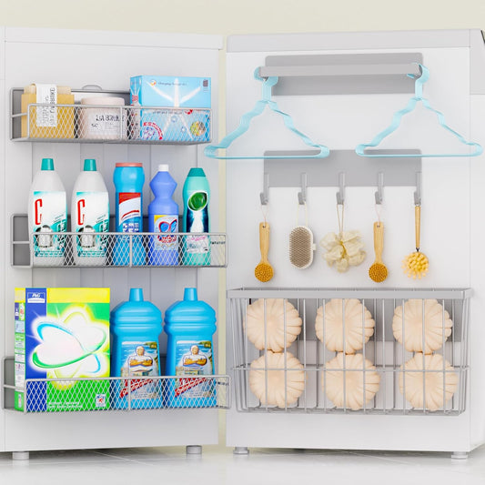 6-Pack Magnetic Shelves for Washing Machine & Refrigerator, Heavy-Duty Laundry Organizer with Hanger Holder & Deep Baskets, Metal Storage System for Laundry Room (Grey)