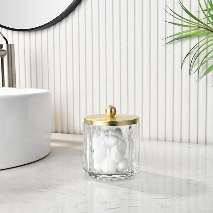 Clear Transparent Apothecary Octagional Shaped Glass Canister Jar With Gold Metal Lid Cover for Bathroom Organization, Cotton Balls, Q Tips, and Small Accessories, Bathroom Storage