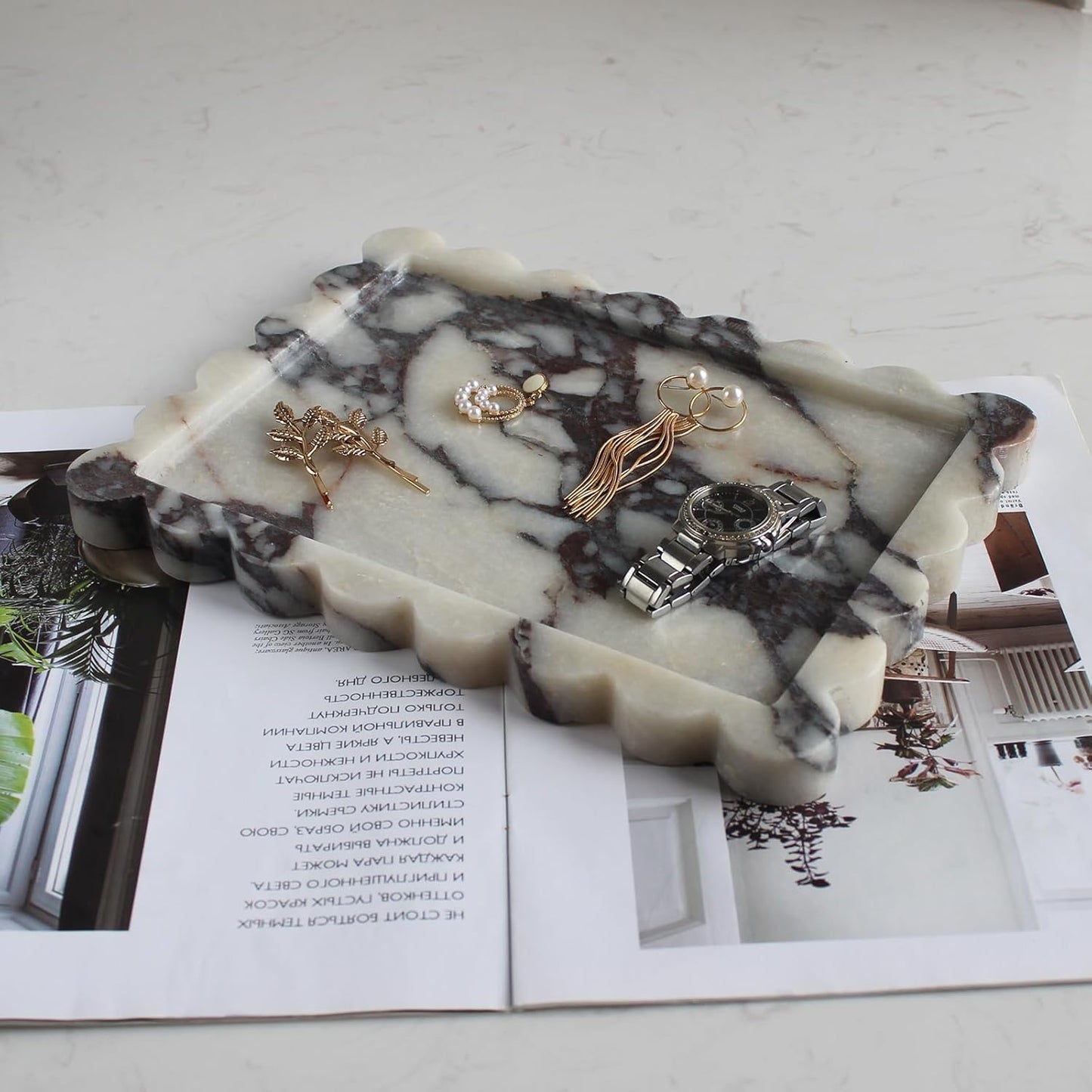 Natural Luxury Scalloped Marble Tray 10.8"x8", Rectangle Vanity Tray for Bathroom Kitchen Counter, Decorative Tray for Dresser Home Decor - Calacatta Purple