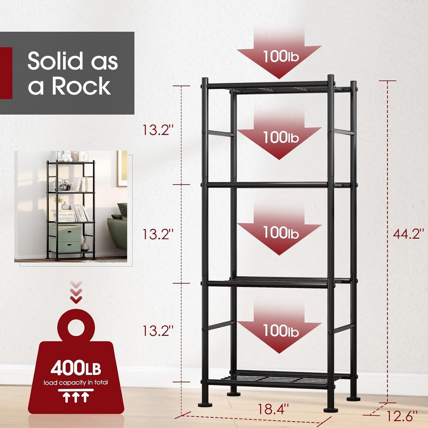 Storage Shelves - 4 Tier Shelf Organizer, Heavy Duty Garage Shelving Unit with Leveling Feet, Stable Metal Shelves Organizer for Pantry, Kitchen and Closet, 18.4" W x 12.6" D x 44.2" H, Black
