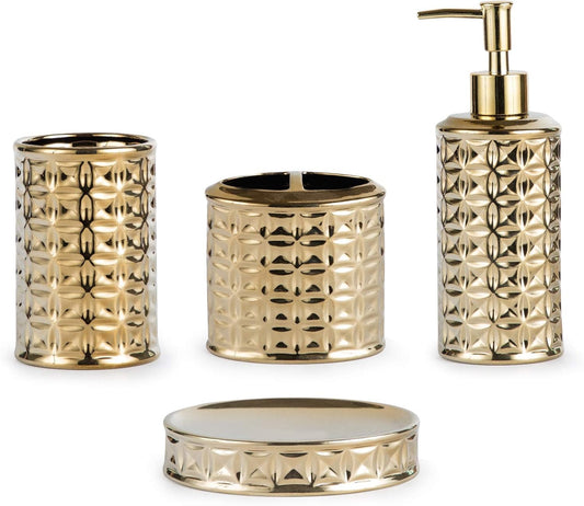 Gold Bathroom Accessory Set, 4-Piece Ceramic Bathroom Decorations Accessories Sets Includes Lotion Dispenser, Toothbrush Holder Tumbler and Soap Dish