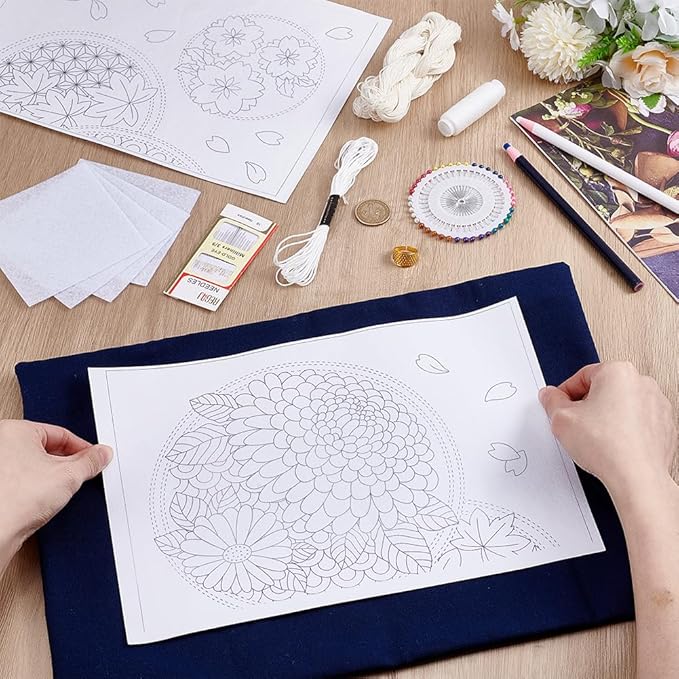 FREEBLOSS Sashiko Tea Mat Kit DIY Sashiko Kit with Template Sashiko Stencils Kit Sashiko Water Soluble Template Tea Mat Sashiko Kit for Beginner DIY Sashiko Kit for Adults