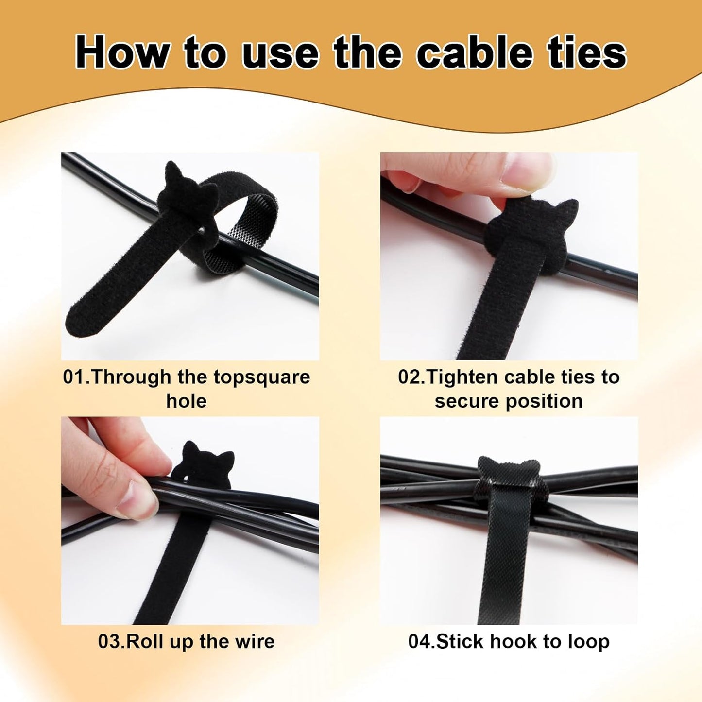 Reusable Cable Ties 8 In 100 Pack Heavy Duty Black Cord Organization Straps Adjustable & Releasable Hook and Loop for Indoor/Outdoor Wire Management