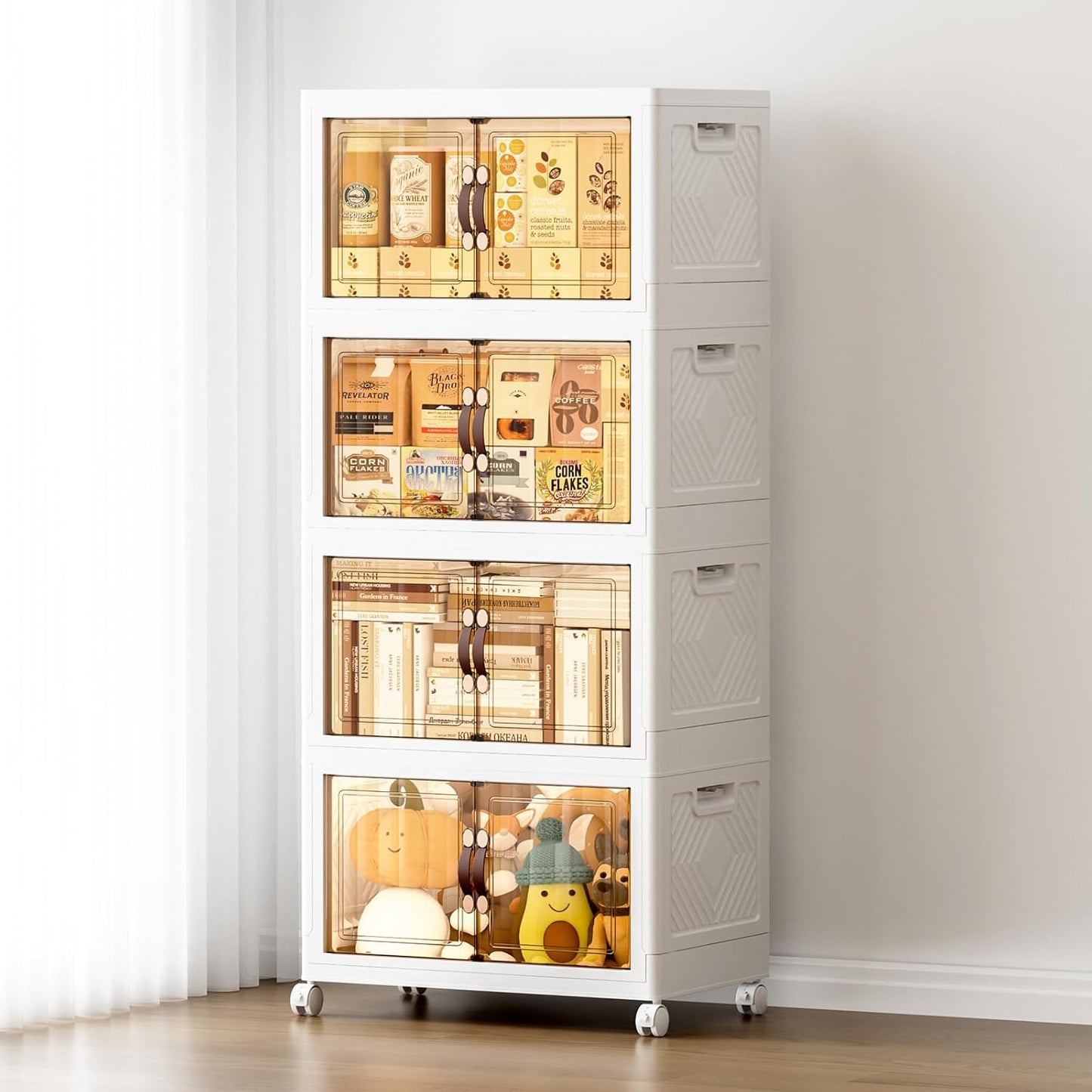 JEKO&JEKO 323Qt Stackable Storage Bins with Lids and Wheels, Foldable Collapsible Plastic Boxes for Clothes, Home, White, 4 Pack