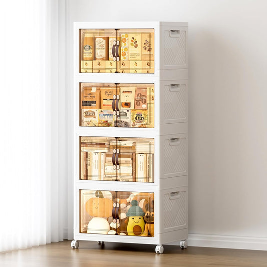 JEKO&JEKO 323Qt Stackable Storage Bins with Lids and Wheels, Foldable Collapsible Plastic Boxes for Clothes, Home, White, 4 Pack