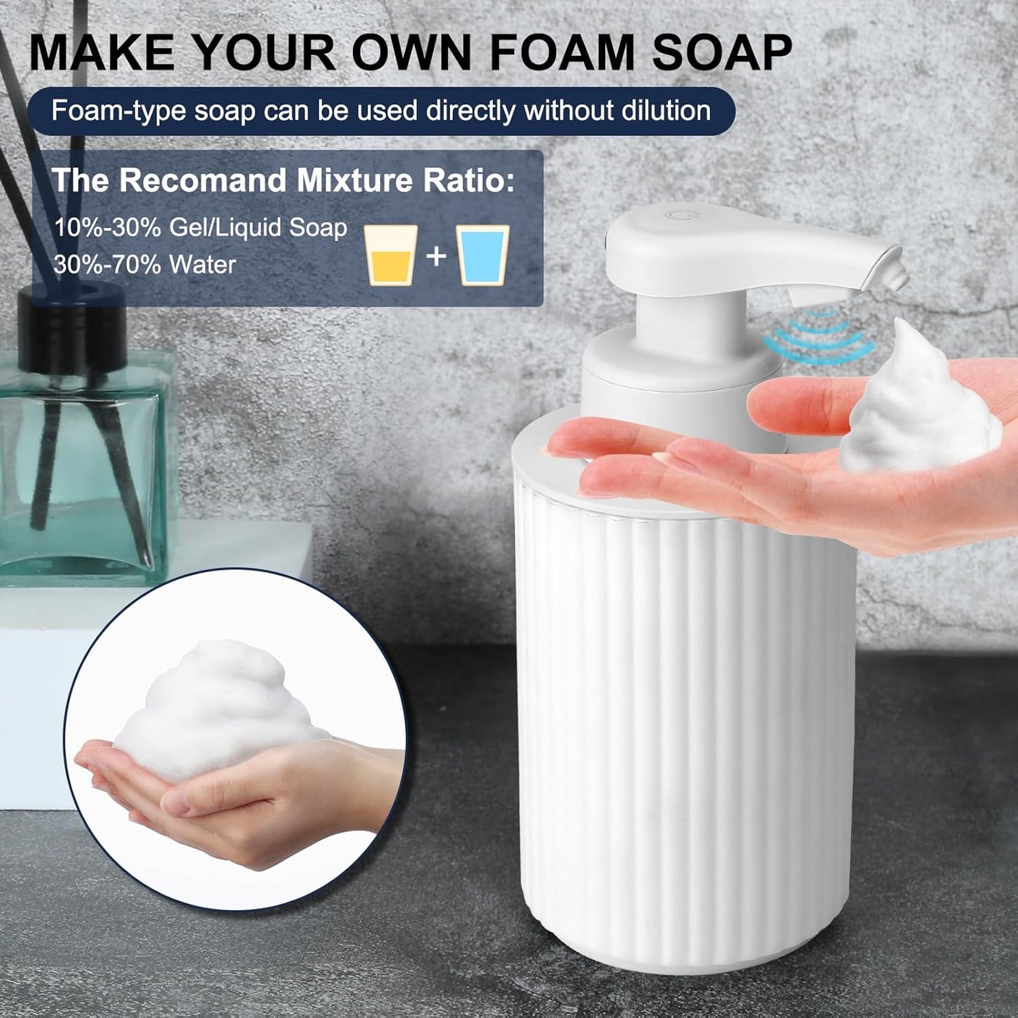 Automatic Soap Dispenser Foaming Touchless: 9oz White Plastic - Rechargeable Electric Smart Auto Foam Soap Dispenser - Hand Dish Bathroom Kitchen