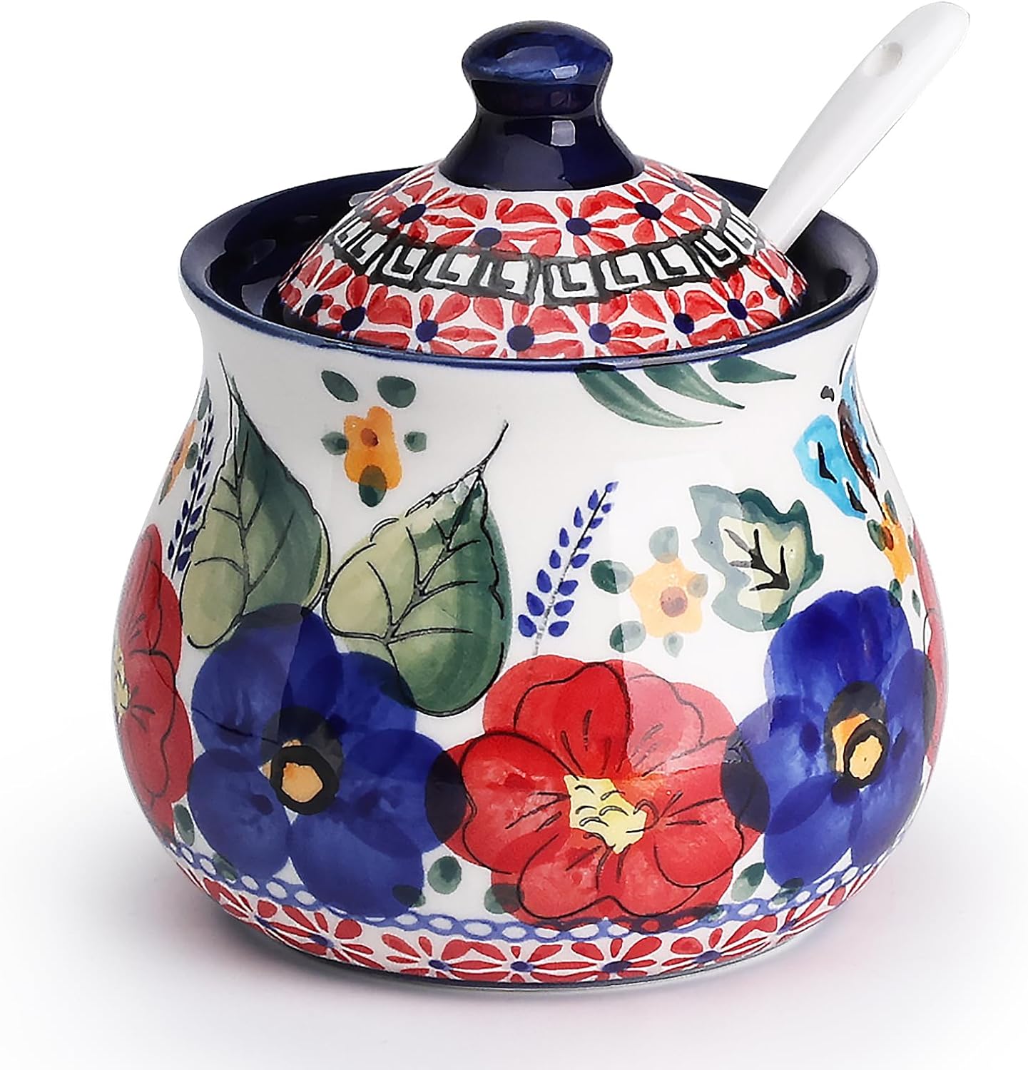 silesia Handmade Sugar Bowl with Lid and Spoon, 9 Ounce Ceramic Hand-Painted Sugar Jar for Home in Gift Box, Kitchen Decor, Oven, Dishwasher & Microwave Safe, Polish Garden