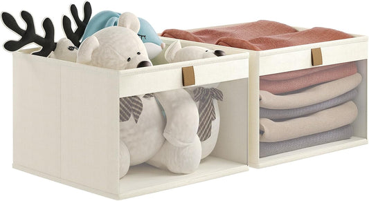 Linen Closet Organizers and Storage, Closet Storage Bins Basket Organizer, Foldable Organization Baskets with Mesh Window for Clothes Towels and Toys, 12.75" x 12.75" x 9", Beige, 2 pack