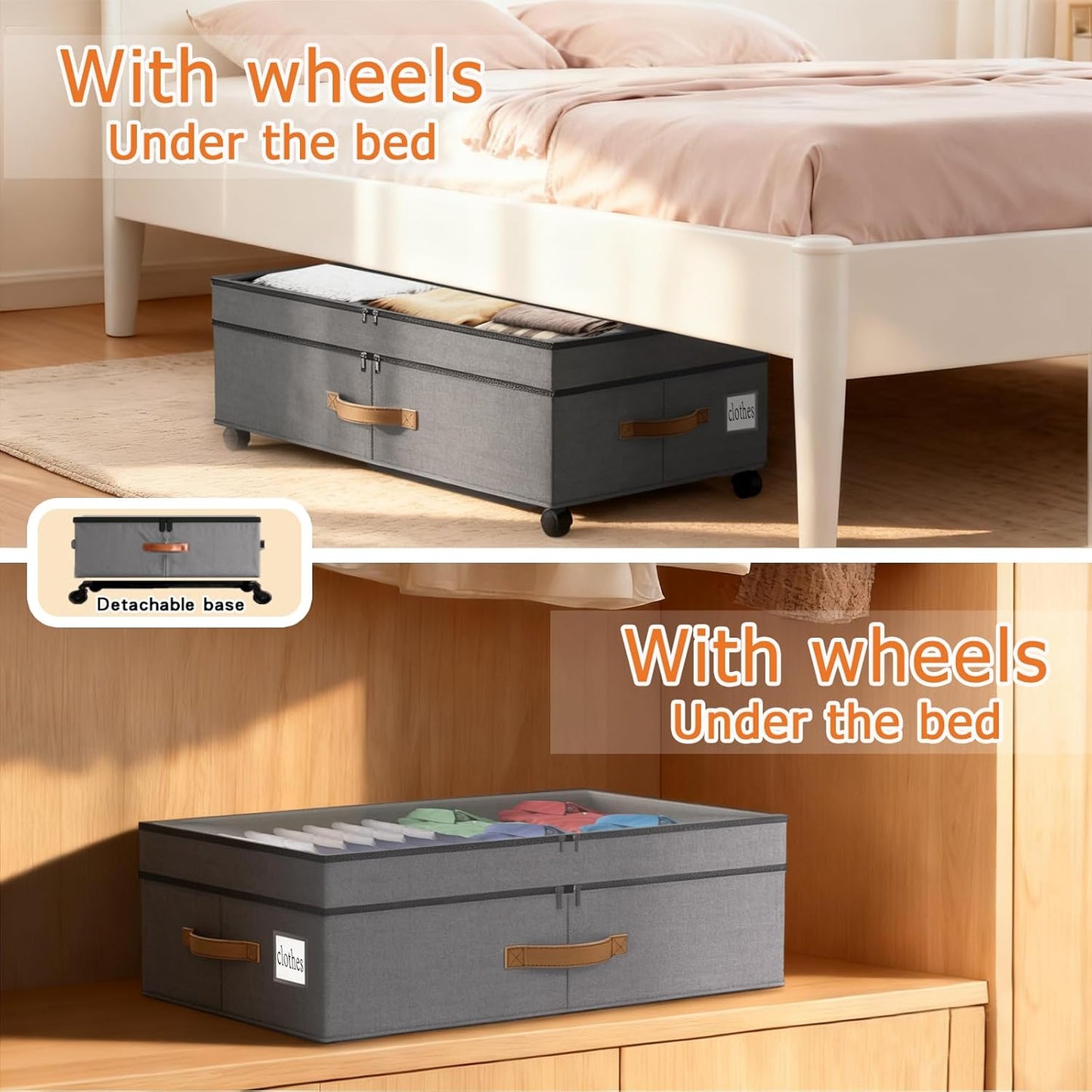 2 Pack Under Bed Storage with Wheels 65L XXL Large Under Bed Storage Containers Box with Lids 10inchs Underbed Storage with Wheels Rolling Under the Bed Storage Bins for Shoes,Clothes,Blankets,Toys