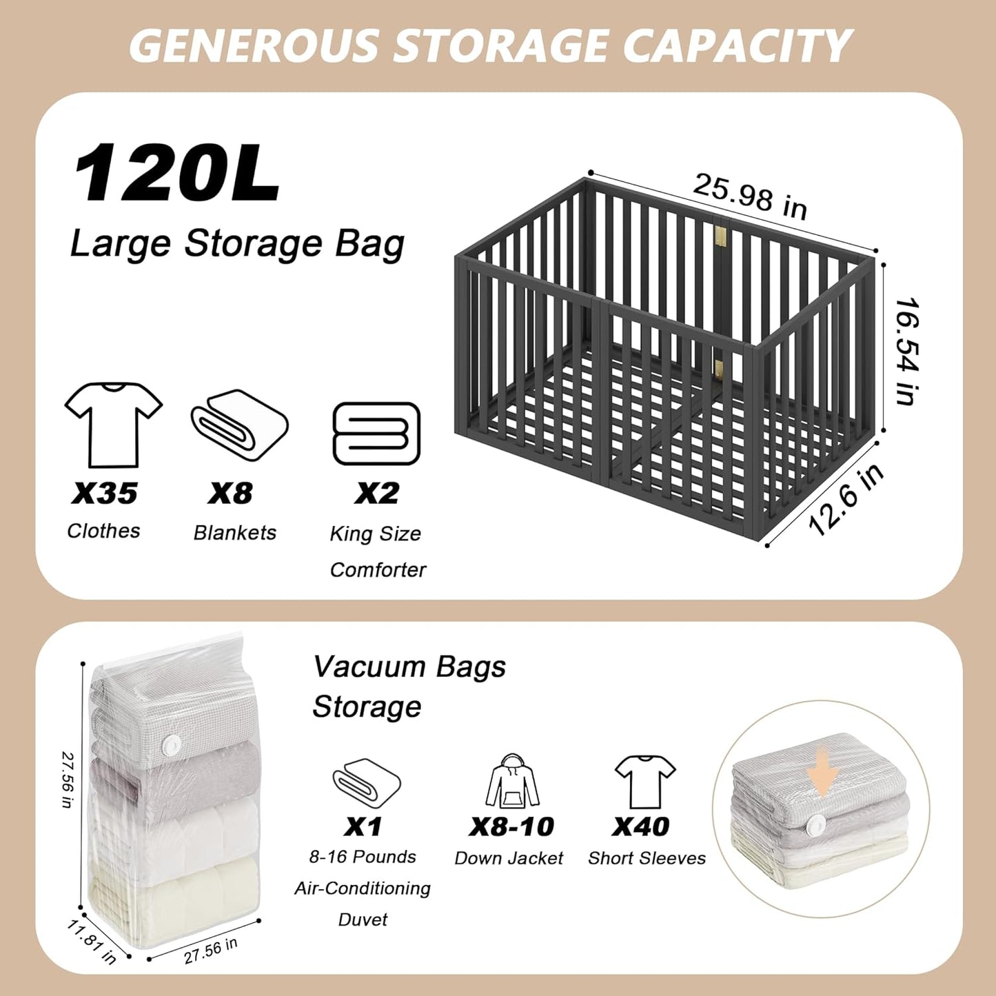 90 L Large Storage Bins, 2 Pack Clothes Storage Bins Foldable Closet Organizers Storage Containers for Clothing, Blanket, Comforters, Bed Sheets, Pillows and Toys(Black Tall (25"×16"x12"))