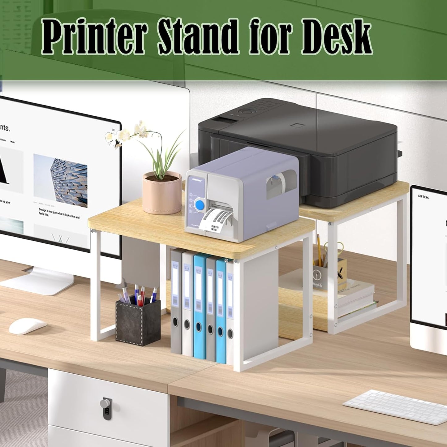 MARTY Desktop Printer Stand 2 Pack Printer Stand with Storage for Desk, Shelf Organzier for Home/Office Printer Riser Under Desk Small Table for Printer Fax Machine Scanner(Maple)
