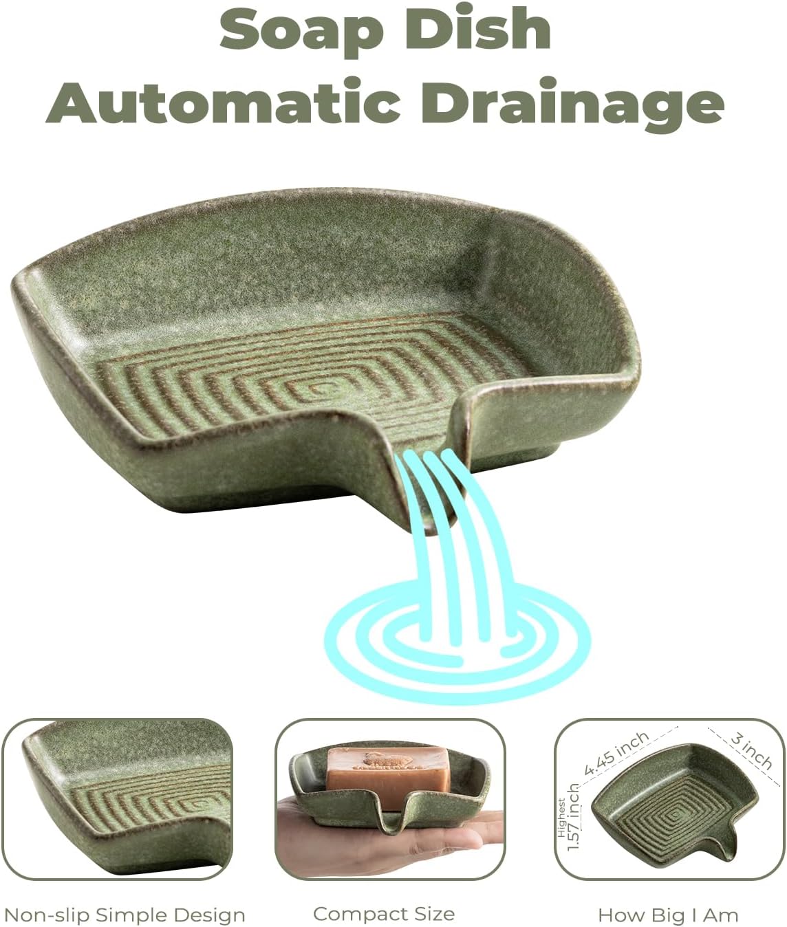 Self Draining Soap Dish, Ceramic Drain Soap Holder Waterfall Design Soap Saver for Shower, Bathroom, Sink, Kitchen and Countertop, Keeps Dry, Green