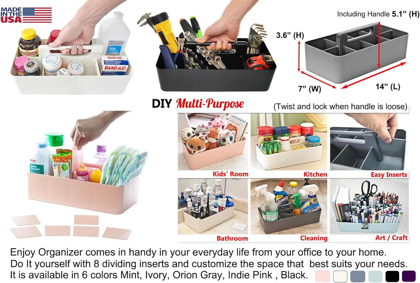 Portable Caddy American Made, DIY Dividers, 8 Compartments, Supply Organizer, Portable Tote Basket with Handle Storage Organizer Bathroom, Office, Crafts, or School Supplies