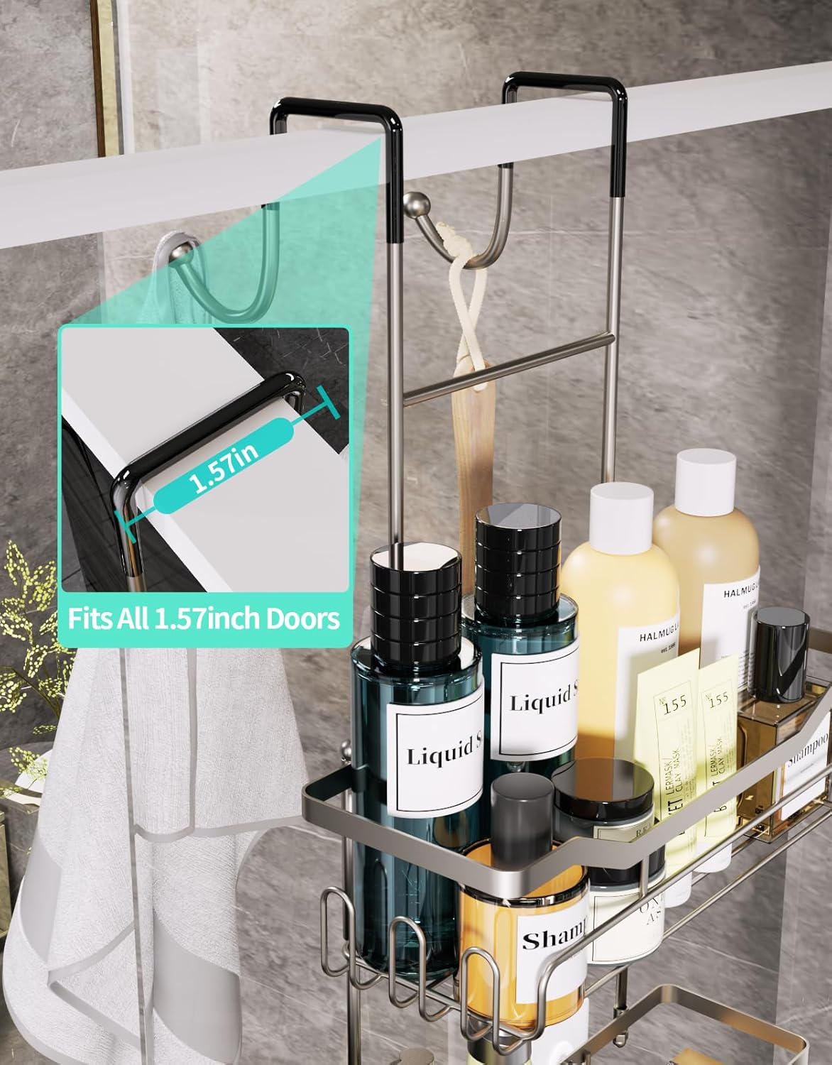 HapiRm Hanging Shower Caddy Over the Door with Soap Holder, No Drilling Adhesive Shower Organizer with 11 Hooks, Rustproof & Waterproof 304 Stainless Steel Bathroom Shelves - Brushed Nickel