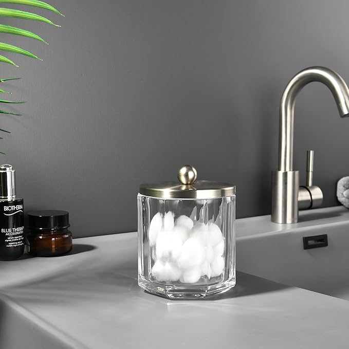 Clear Transparent Apothecary Octagional Shaped Glass Canister Jar With Satin Nickel Metal Lid Cover for Bathroom Organization, Cotton Balls, Q Tips, and Small Accessories, Bath Storage