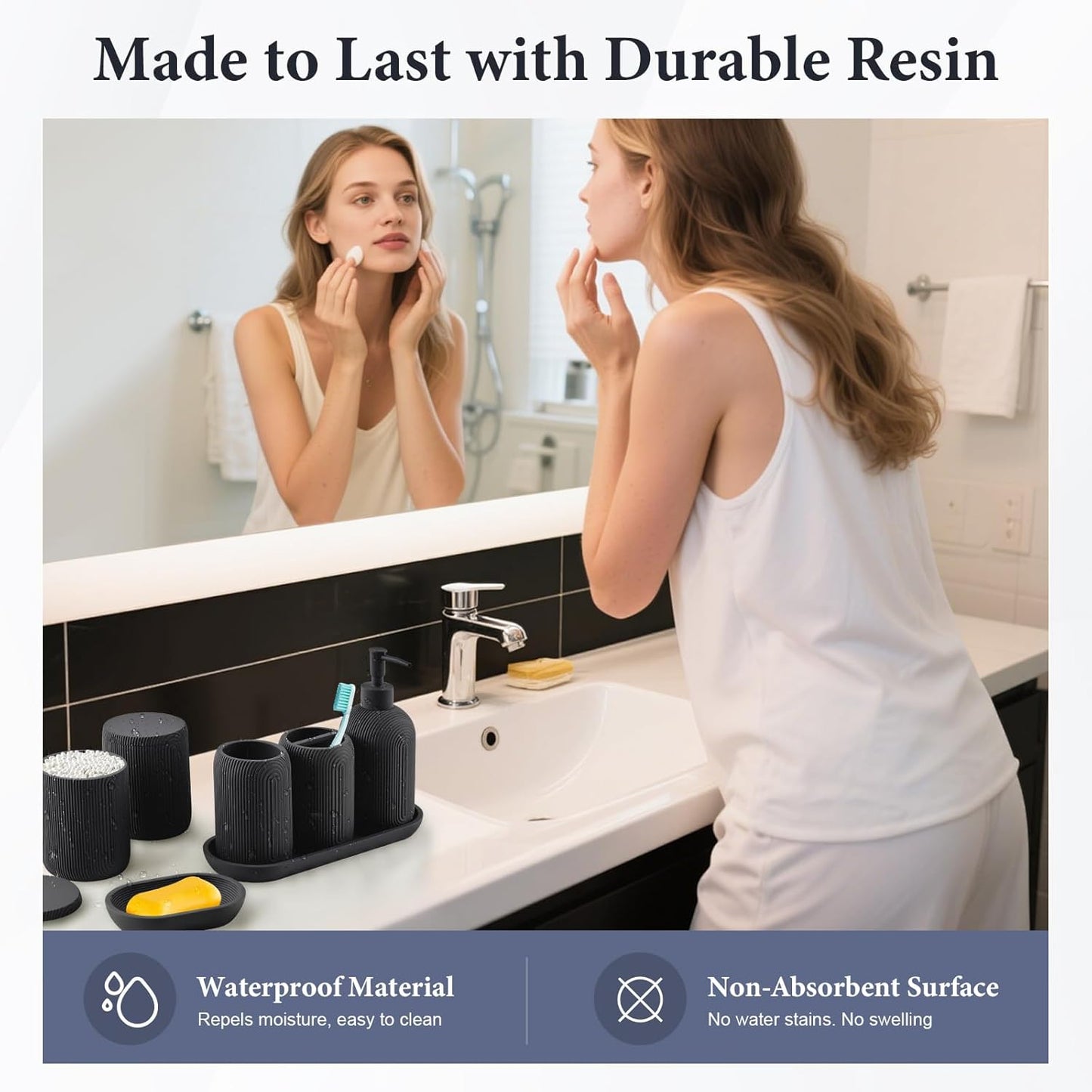 Bathroom Accessories Set - 7-Piece Resin Bathroom Set, Toothbrush Holders Set, Soap Dispenser, Qtip Holder Dispenser, Tumbler, Soap Dish & Tray, Modern Bath Decor for Home Dorm Hotel (Black)