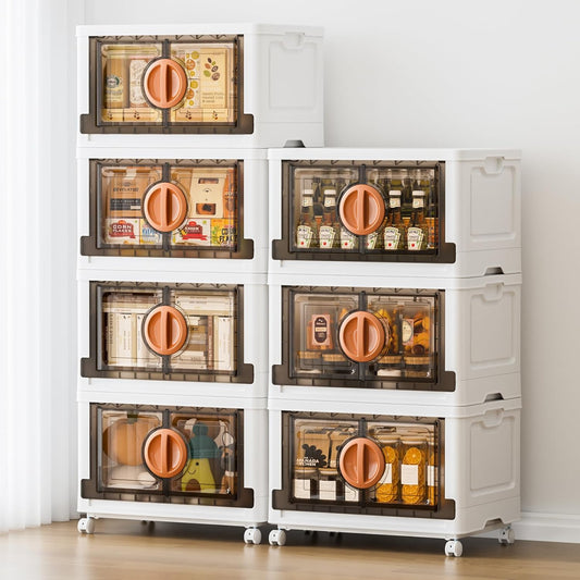 JEKO&JEKO 581Qt Lockable Stackable Storage Bins with Lids, Collapsible Closet Organizer with Wheels, Plastic Cabinet Drawer for Clothes 7 Pack (White)