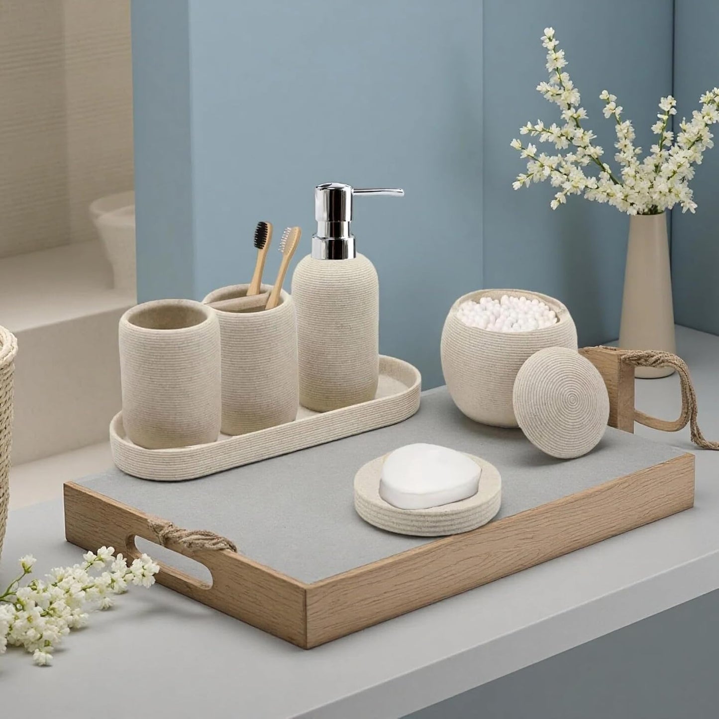 Bathroom Accessory Set, 6PCS Beige Bathroom Accessories - Soap Dish, Lotion Dispenser, Toothbrush Holder, Mouthwash Cup, Tray, Cotton Ball Jar, Aesthetic Decor Bathroom Sets