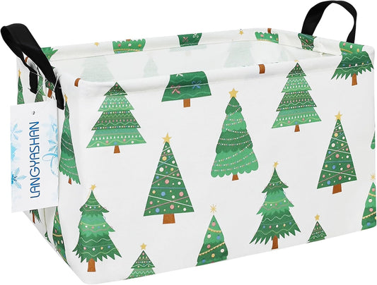 LANGYASHAN Rectangular Storage Bin Collapse Canvas Fabric Cartoon Storage Basket with Handles for Organizing Home Kitchen Boys and Girls Toys Office Closet Shelf Baskets (Rec christmas tree)