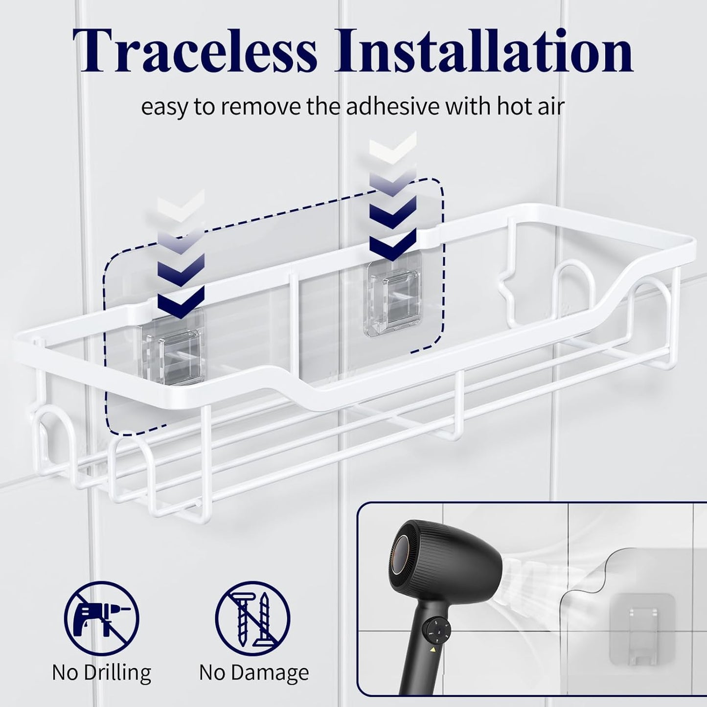 Kitsure Shower Caddy Large - Adhesive Shower Organizer, Stainless Steel Shelf for Inside Shower, No Drill Bathroom Organizers and Storage, Home Decor Accessories, 2 Pack, White
