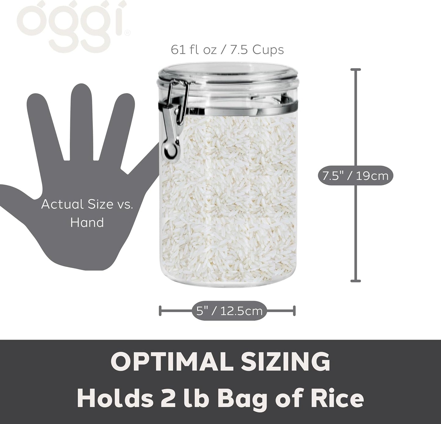 Oggi Medium-Sized Clear Canister with Clamp Lid, 61 oz - Large Airtight Food Storage Container, for Kitchen & Pantry Storage of Bulk, Dry Foods, Pasta, Flour, Sugar, Coffee, Rice, Tea, Spices & Herbs