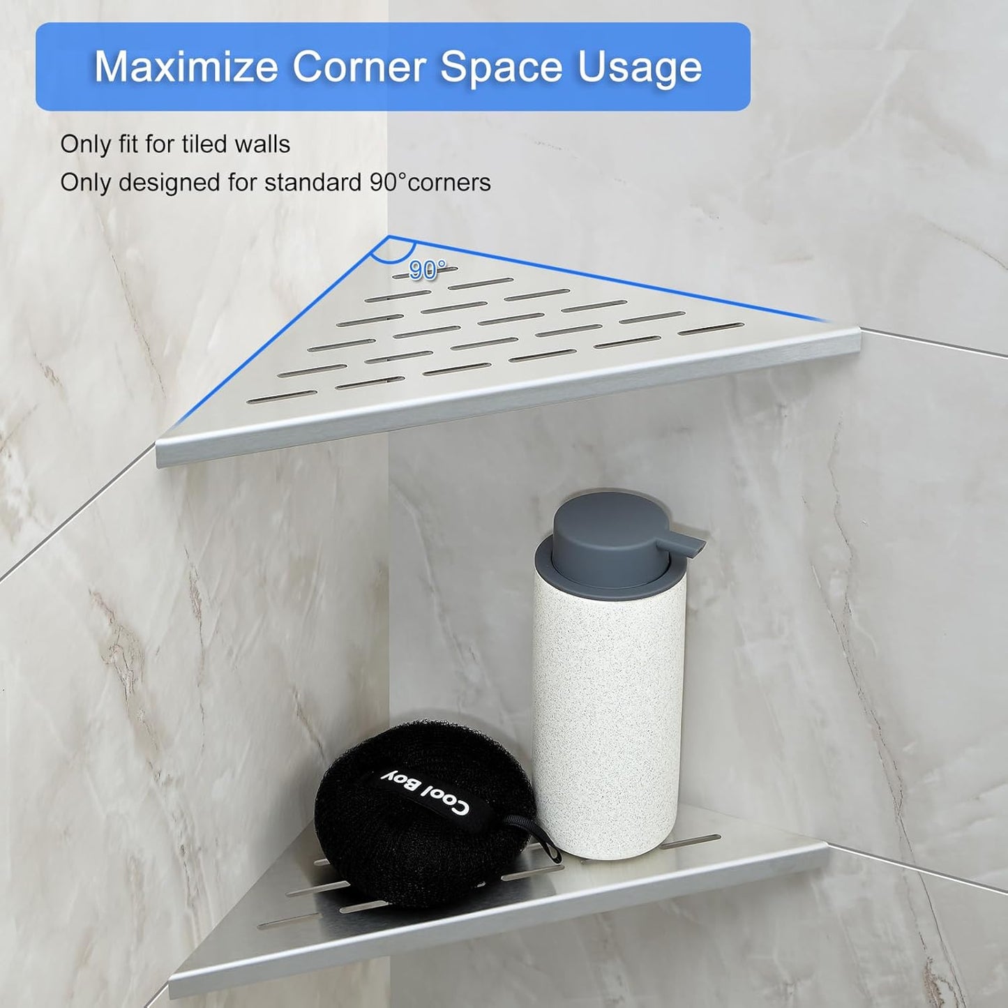 MENATT 10" No Drilling Corner Shower Shelf (2-Pack) – Recessed Stainless Steel Shower Caddy for Tiled Walls, Brushed 304 Steel Bathroom Shelves, Wall Mounted Triangular Organizer