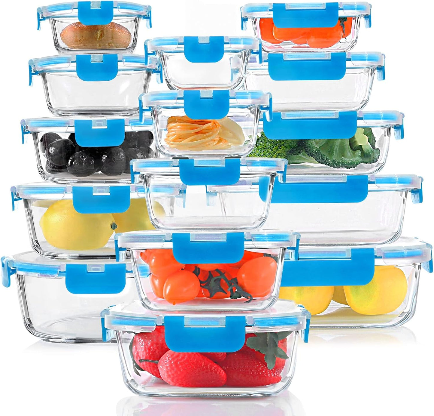 30 Pieces Glass Food Storage Containers, Meal Prep Set with Snap Locking Lids, Airtight lunch Containers, BPA-Free, Microwave, Oven, Freezer & Dishwasher Friendly,Blue
