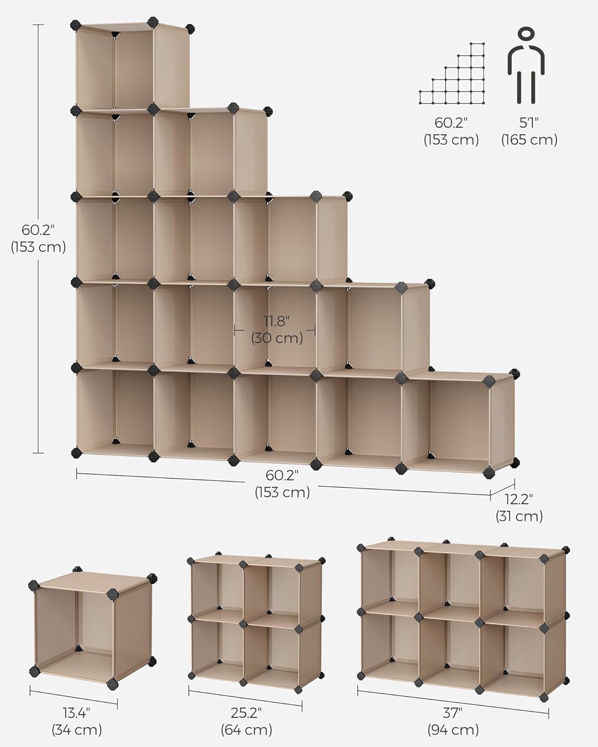 SONGMICS Cube Storage Organizer, Set of 16 Plastic Cubes, Book Shelf, Closet Organizers and Storage, Room Organization, Bedroom Living Room, 12.2 x 48.4 x 48.4 Inches, Camel Brown ULPC442K01