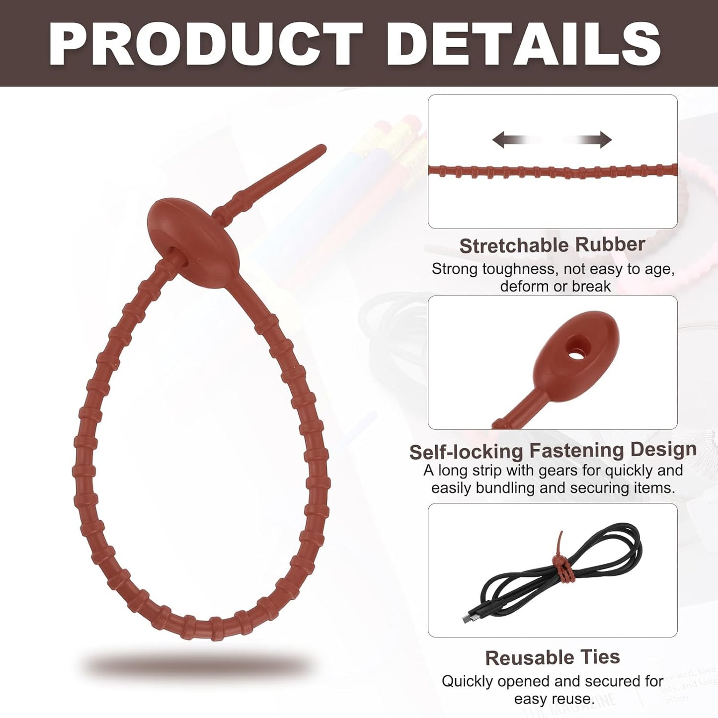 uxcell 20 Pcs Silicone Ties Bag Clip, 8.5 Inch Multi Purpose Silicone Zip Ties Reusable Rubber Zip Tie, Cable Strap Cord Organizer for Home Office Food Bag Wires Cables, Coffee