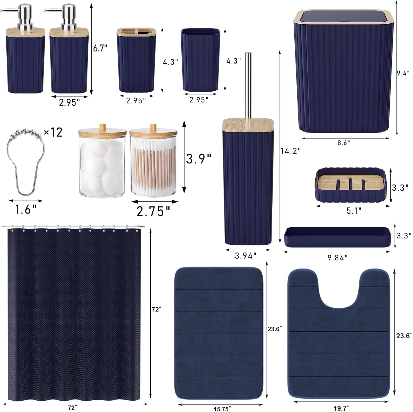 Bathroom Set - 25PC Blue Bathroom Set with Shower Curtain and Rugs, Bathroom Accessories Set, Blue Shower Curtain Set with Bathroom Trash Can
