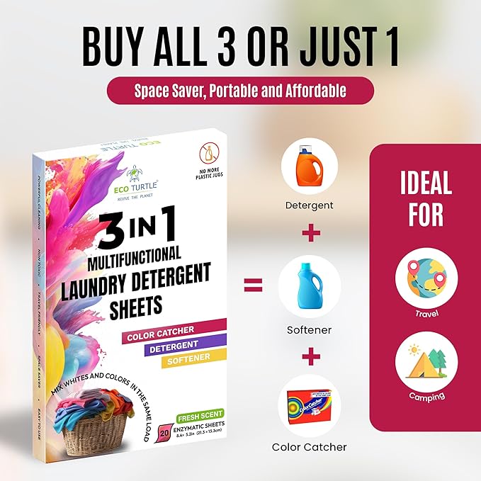 Color Catcher Fabric Softener Laundry Detergent Sheets 20 Loads Fresh Scent, Plant based, No Plastic Jugs Travel Friendly, Ultra Concentrated Mix Colored with Whites Detergent Softener & Color Catcher