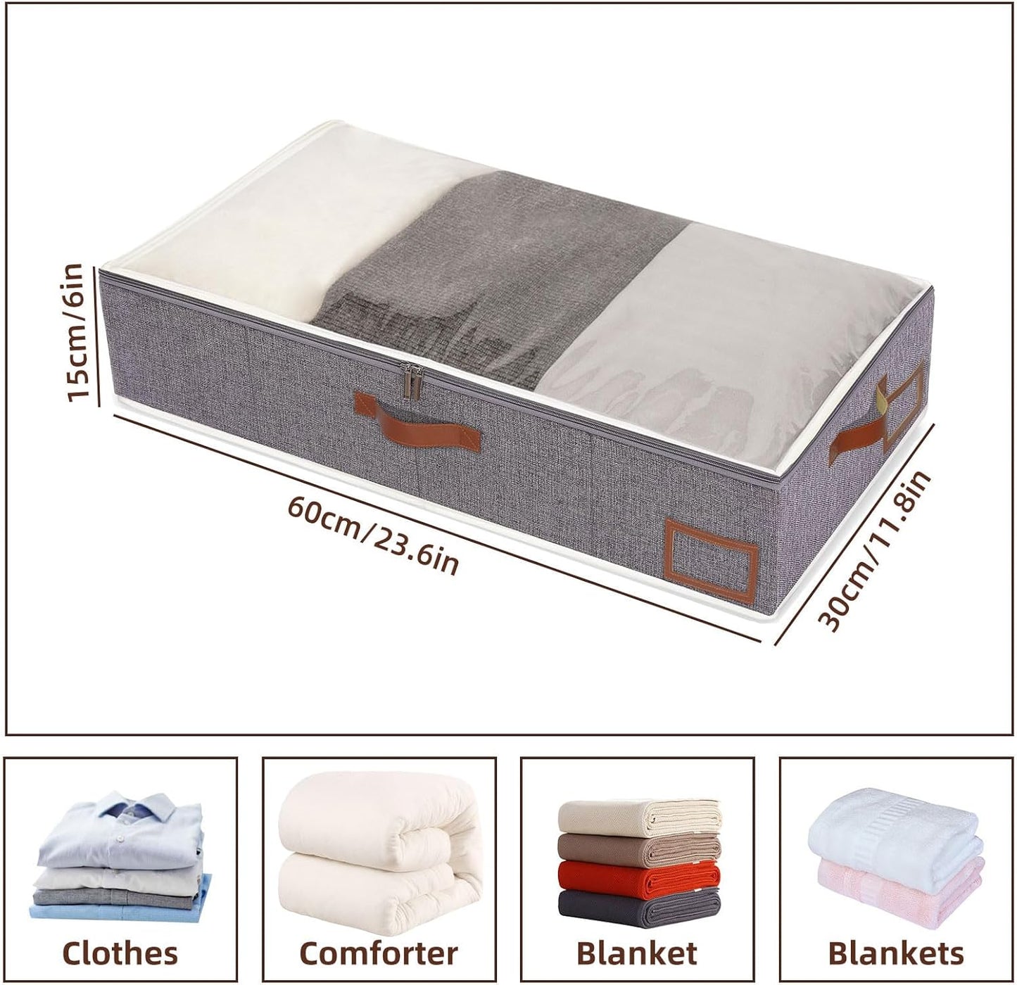 Yawinhe Under Bed Storage, 2 Pack Closet Organizers, Collapsible Container Bags, with Sorting Card Slot and 4 Leather Handles, for Blanket, Bedding, 23.6''Lx11.8''Wx6''H, Grey