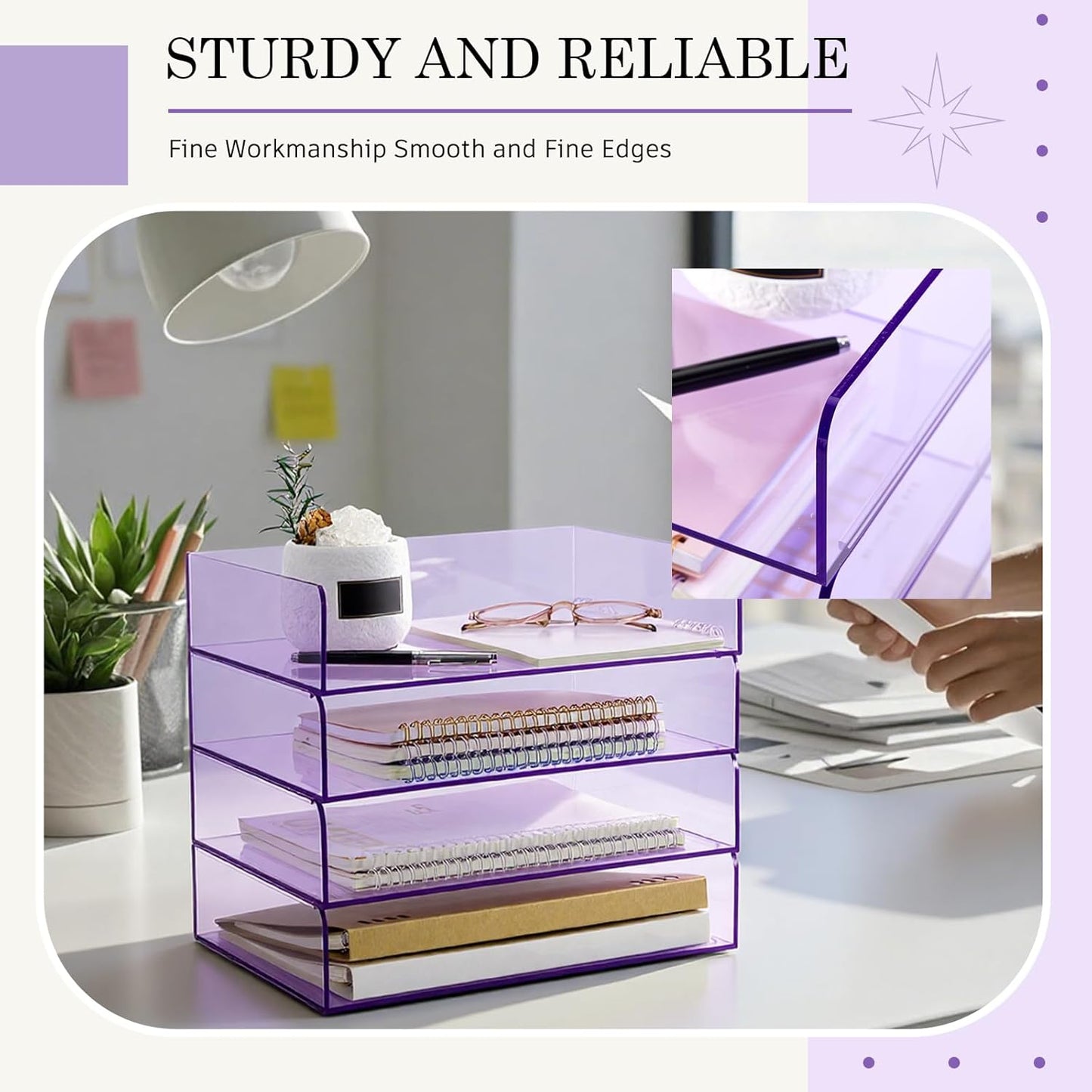 Harloon 4 Tier Acrylic Paper Tray 12.4 x 8.7 x 2.7 Inches Stackable Letter Clear Organizer No Need to Assemble Acrylic Paper File Organizer for Office Workspace Desktop Storage (Transparent Purple)