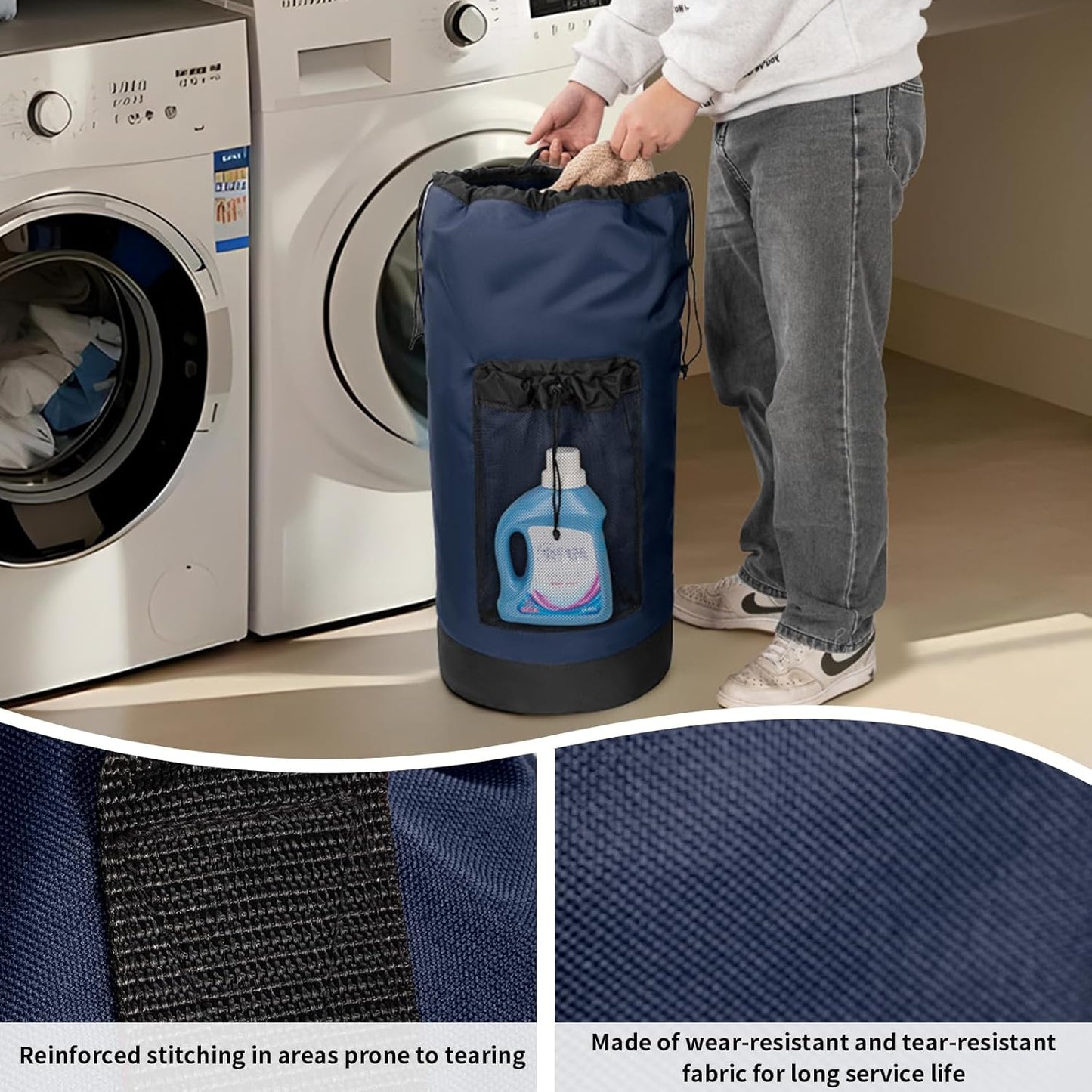 Laundry Bag Backpack with Shoulder Straps and Mesh Pocket Foldable Clothes Hamper Bag with Drawstring Closure for College, Apartment, Laundromat (Dark Blue)