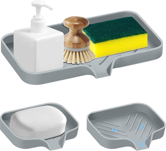 Kitchen Sink Tray,3 Pcs Silicone Sponge Holder for Kitchen Sink Organizer, Kitchen Soap Tray Self Draining Soap Dish for Bathroom